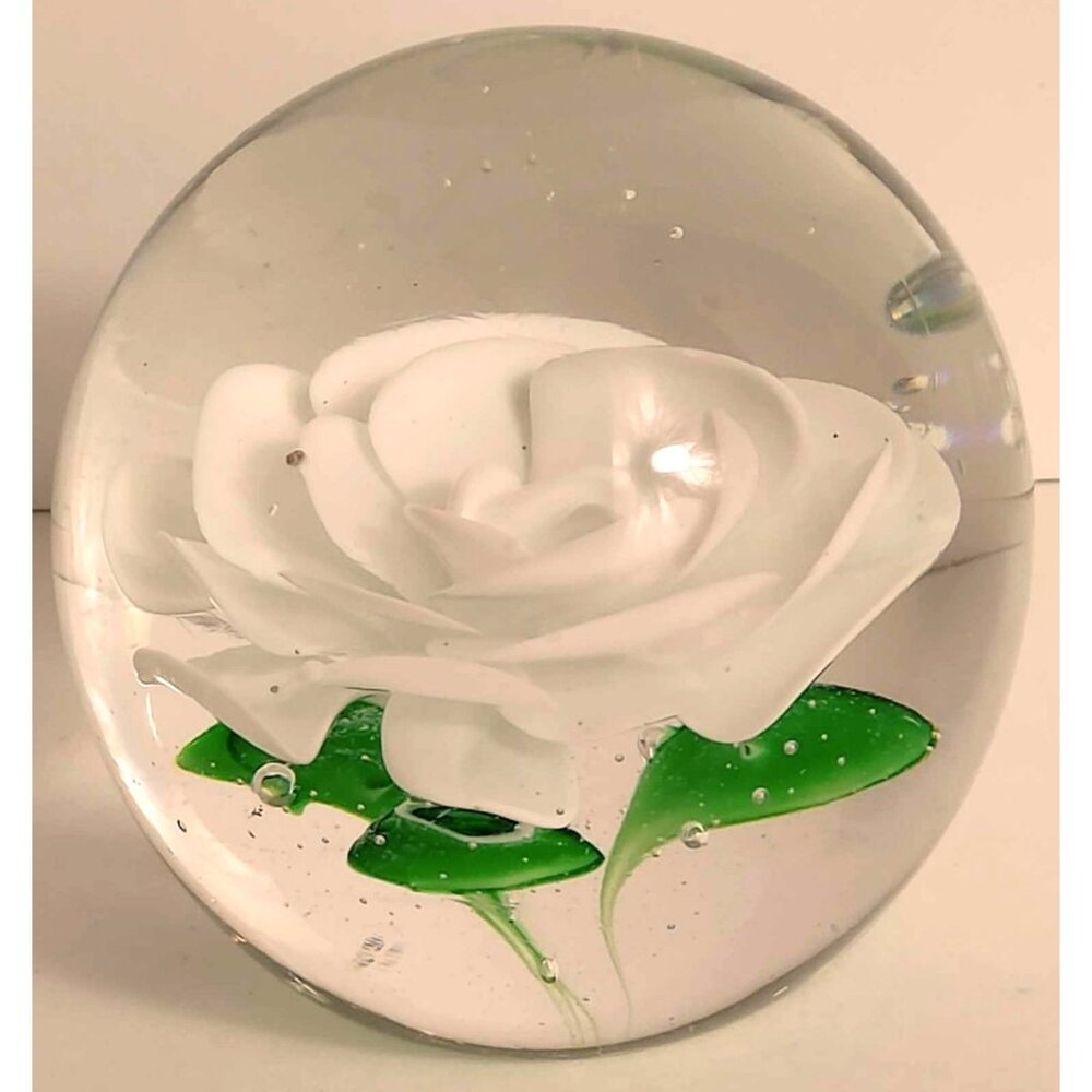Vintage Blown Glass Paperweight White Rose With Leaves Design Round Art Decor